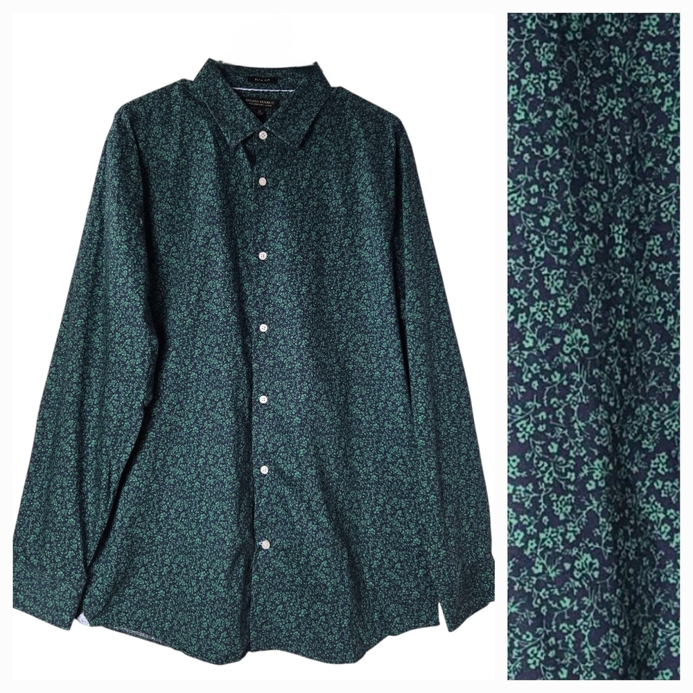 Banana Republic Green Blue Floral Slim Fit Non-Iron Cotton Button Up Shirt Sz XL